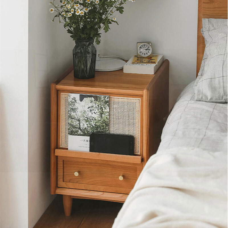Nordic Solid Wood Bedside Table Rattan Ultra Narrow Storage Cabinet Black and White Sofa Side Japanese Bedroom Bedside Cabinet