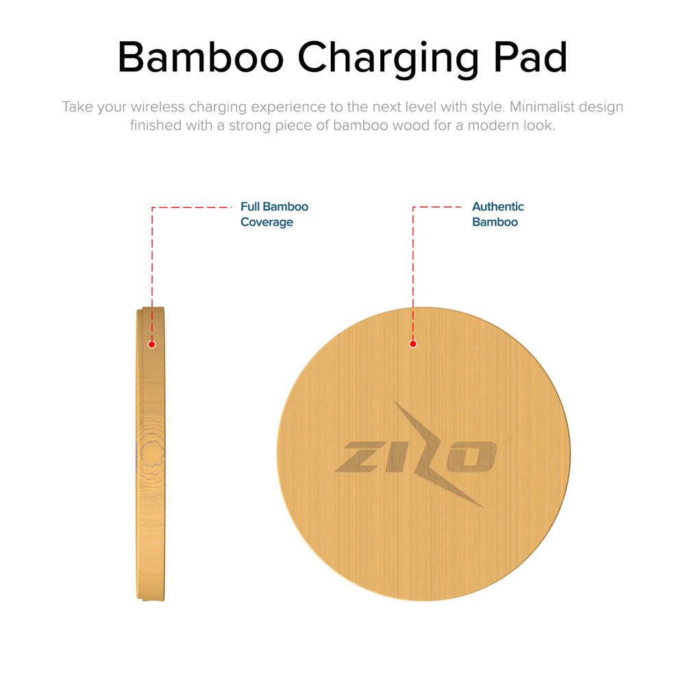 Zizo Limited Edition Authentic Bamboo Design Wireless Pad Charger Zen Fast Quality Quick Charging Cable Free Qi Certified Apple Samsung Wood LED Light Smart Auto Off
