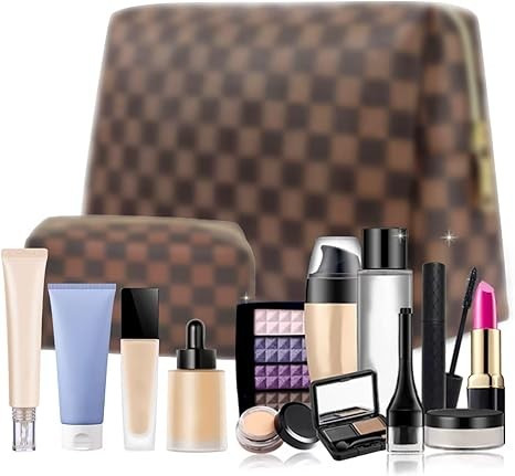 Checkered Cosmetic Bag, Portable Leather Cosmetic Bag, 2 Pieces Waterproof Travel Toiletry Bag for Women, Brown, Modern