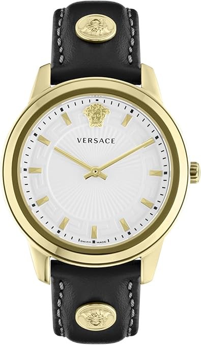Versace Greca Collection Luxury Womens Watch Timepiece with a Black Strap Featuring a Gold Case and White Dial